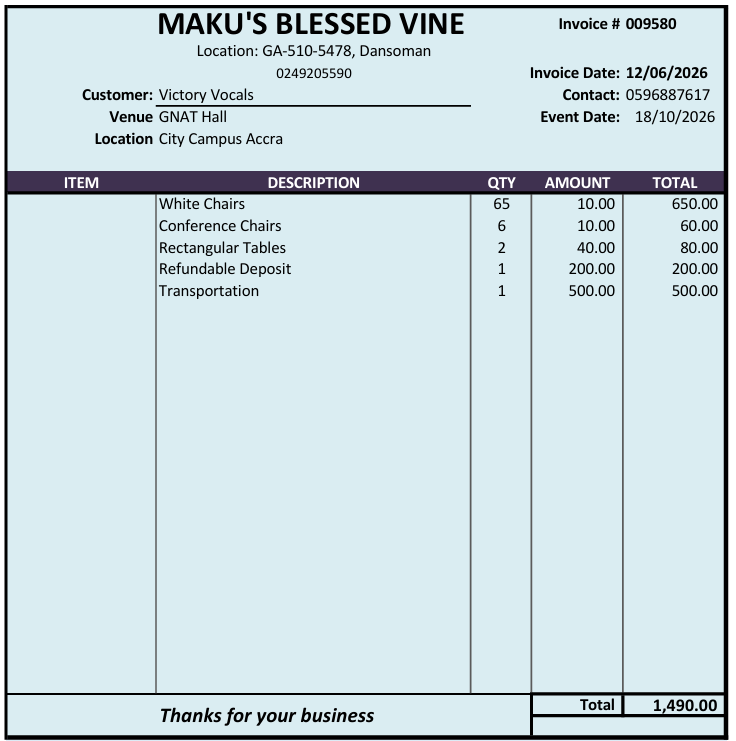 Maku's Blessed Vine invoicing template